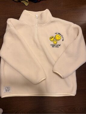 Cream Half-Zip Fleece Pullover with Smiley Patch
